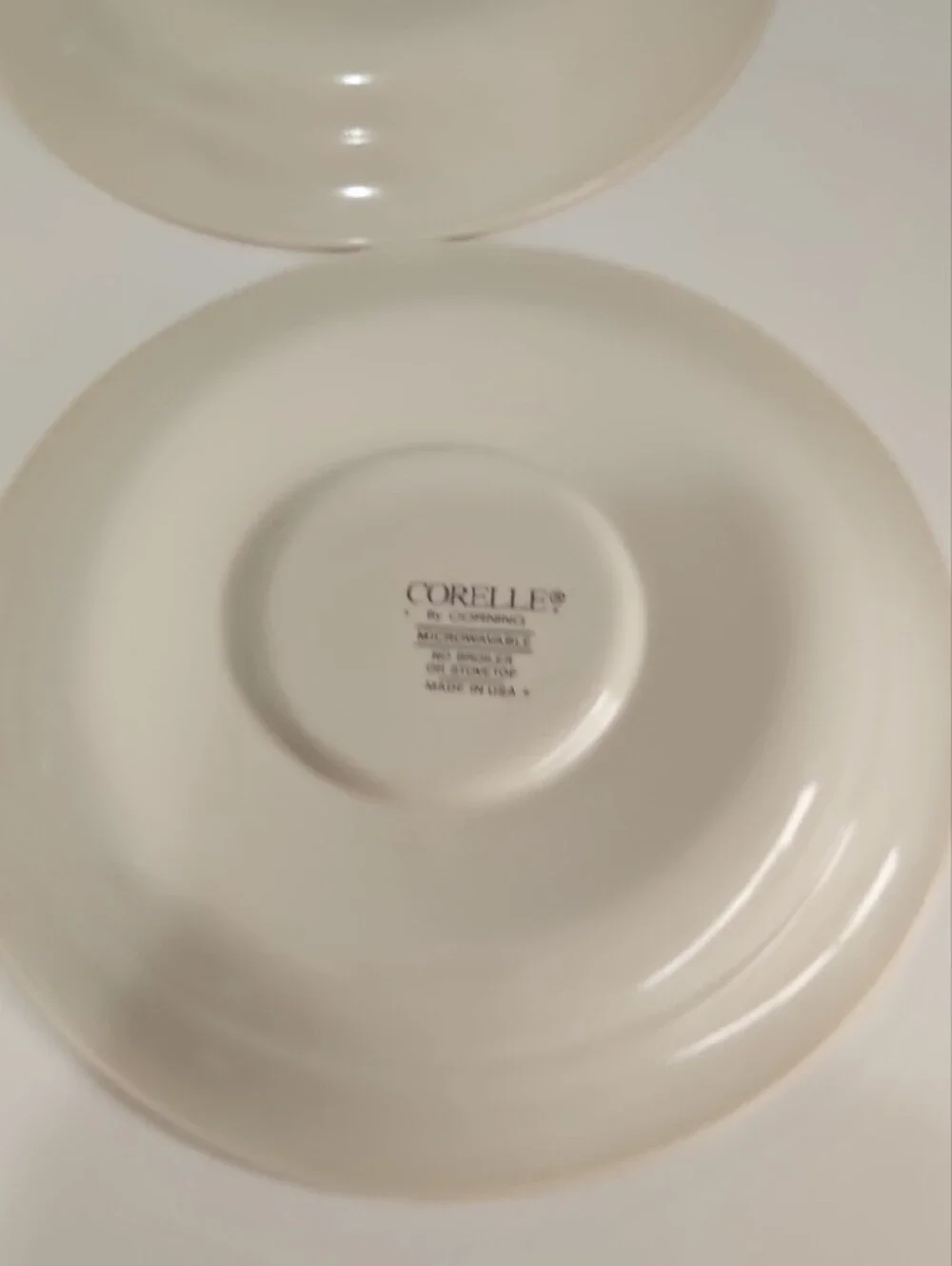 Corelle Saucers Retired Abundance Pattern, beige W/ Blue&Maroon Rings - Set of 4